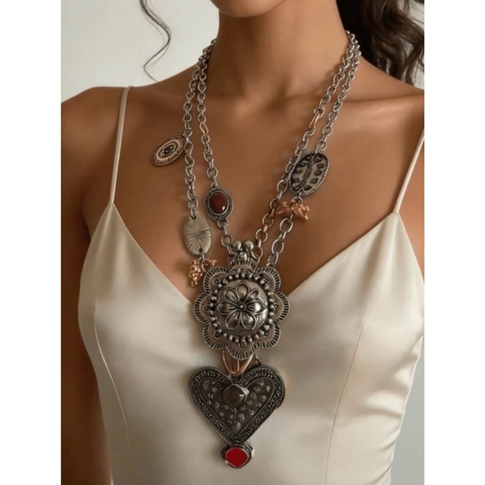 Stainless Steel Vintage Western Heart Statement Necklace Boho Cowgirl Chic - Picture 4 of 9